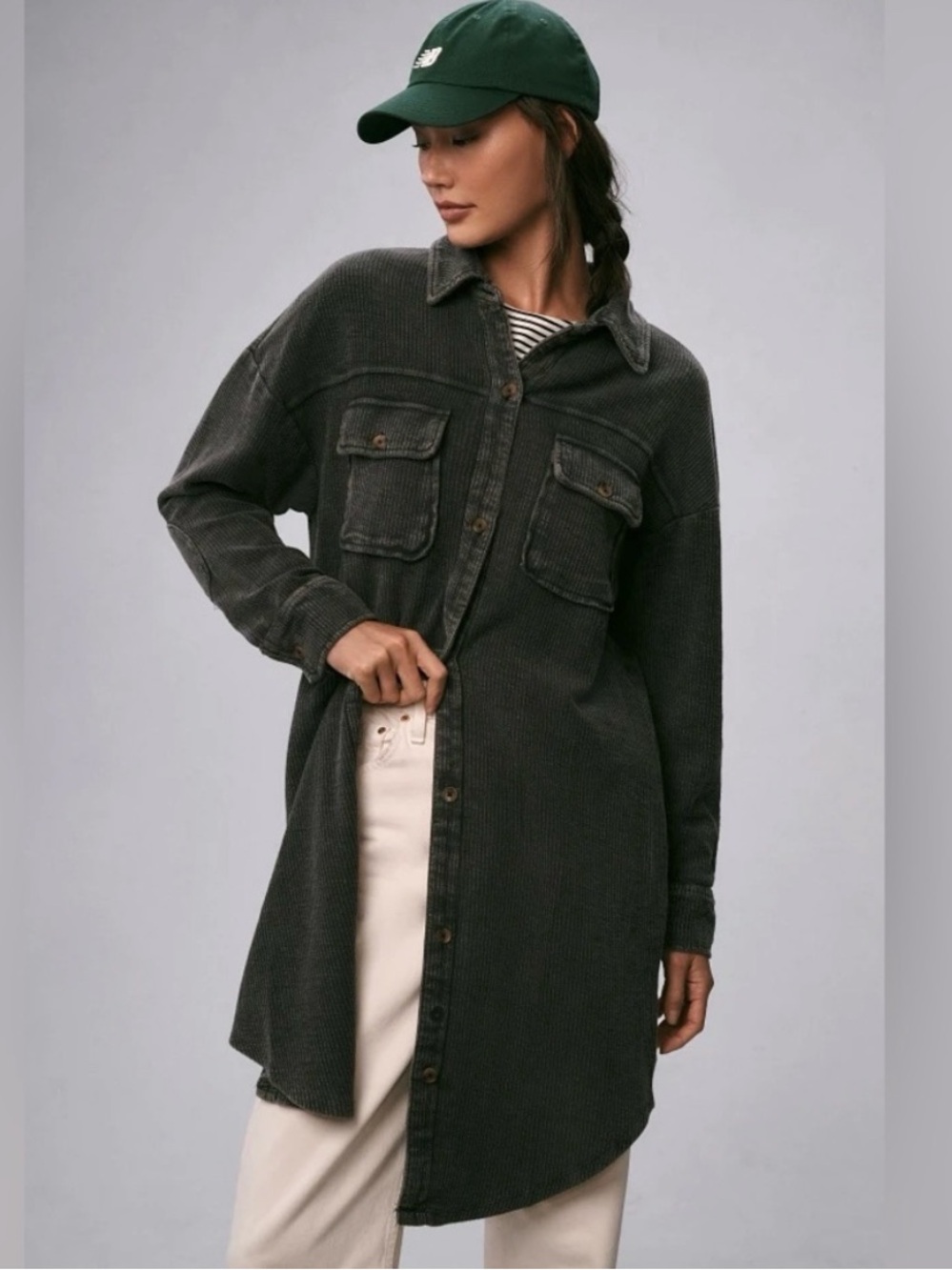 Pilrco Washed Black Waffle Knit Button Down Duster Shacket Large Anthropolgie